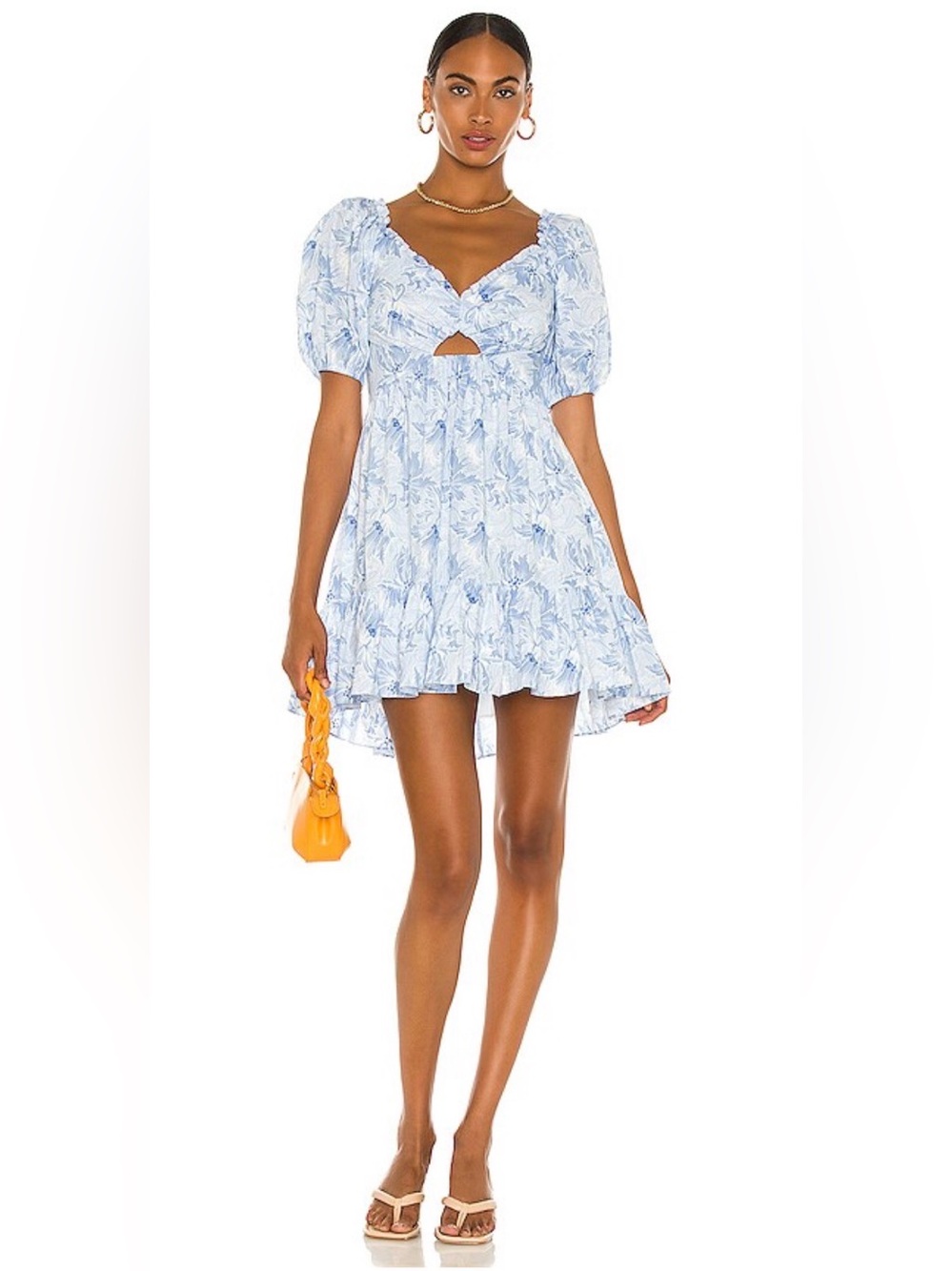cinq a sept Light Blue Floral High-Low Puff-Sleeve Mini Dress